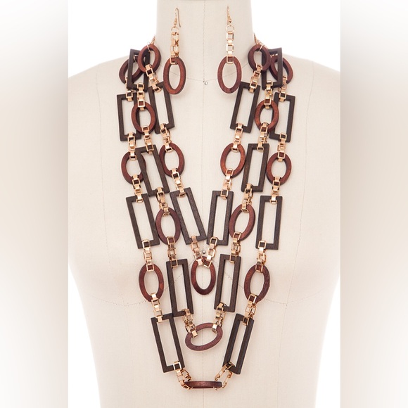Brown Wood Abstract Station Statement Necklace Set - Picture 1 of 1